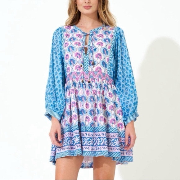 Oliphant Dresses & Skirts - Oliphant India Cotton Ballon Sleeve Boho Mini Dress Size S Blue Pink Floral